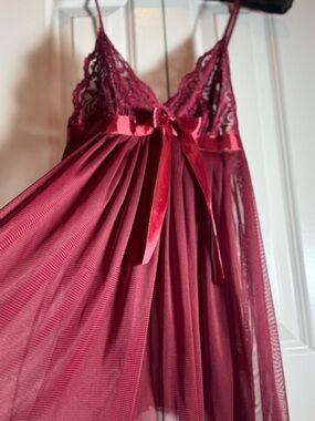 Burgundy Lace Babydoll Lingerie Set Sheer Mesh Medium